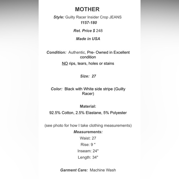 MOTHER Step Fray Insider Crop JEANS Guilty Racer Black White Stripe Size 27 $248 - Picture 11 of 12